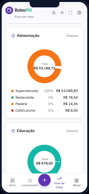 Fluxo de caixa — categorias do BolsoPIX no celular