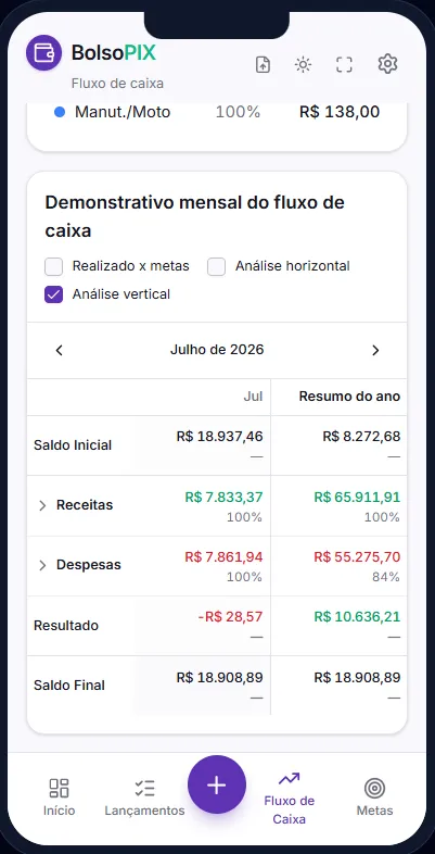 Fluxo de caixa — demonstrativo do BolsoPIX no celular